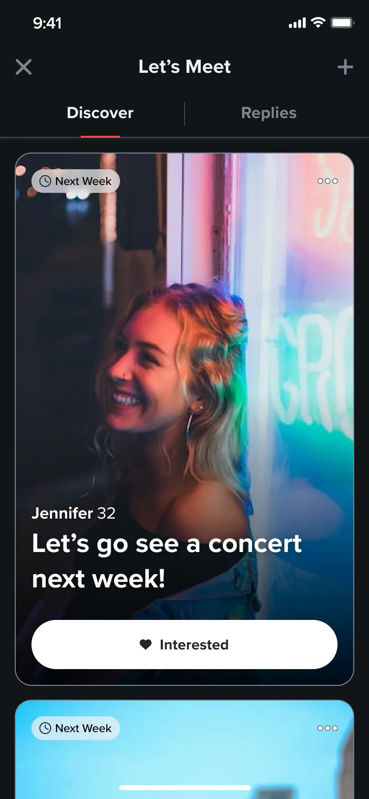 Let’s Meet Discover feed in dark mode: a date-idea card reading “Let’s go see a concert next week!” with an Interested button.