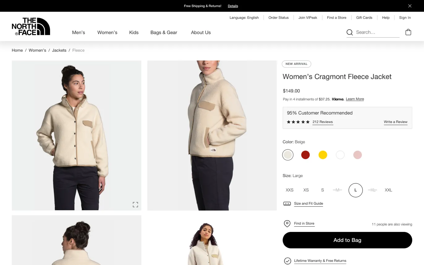 Redesigned product page: Women’s Cragmont Fleece Jacket with color and size pickers and an Add to Bag button.
