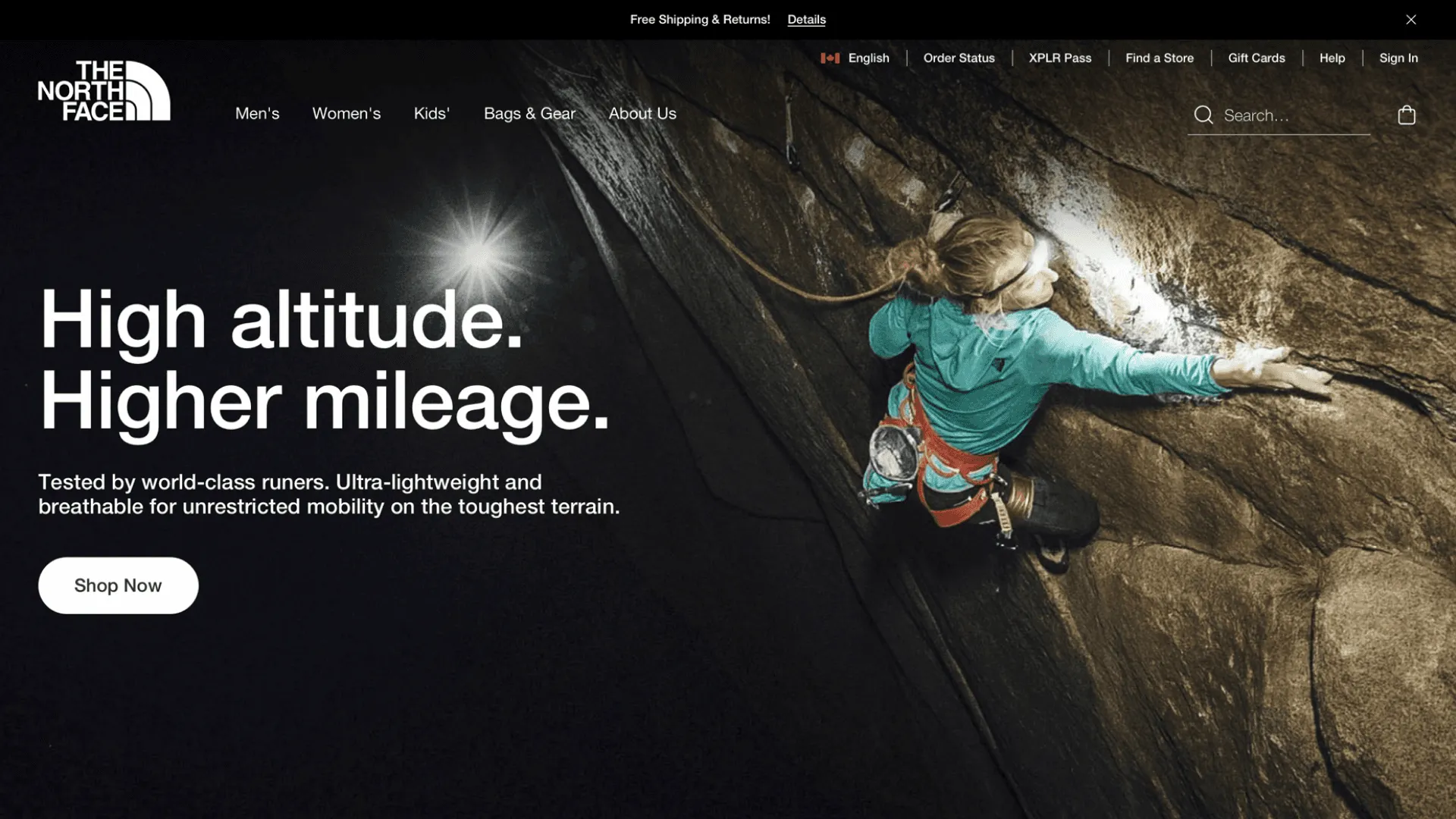 Redesigned homepage: a climber on a night-lit rock face under the headline “High altitude. Higher mileage.”